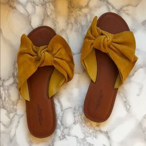 Faux suede & leather bow detail slide sandals
